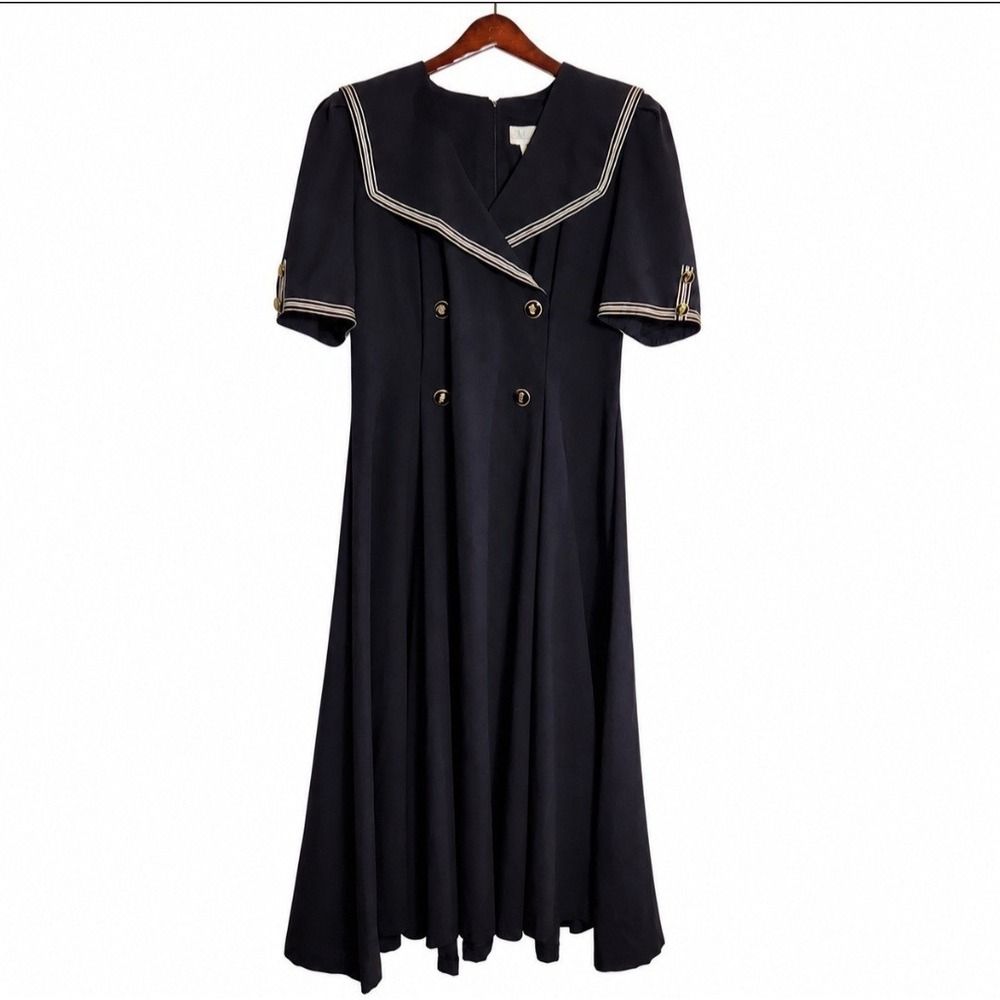 Nautical Navy Sailor-Style Midi Dress with Gold Button Detail